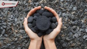 A close-up view of a person holding a pile of uniform black charcoal pellets over a background of raw charcoal material, featuring the Biowoodtech logo.