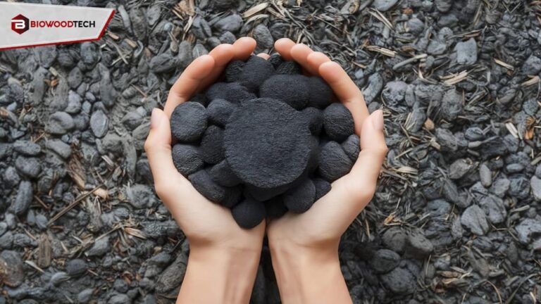 A close-up view of a person holding a pile of uniform black charcoal pellets over a background of raw charcoal material, featuring the Biowoodtech logo.