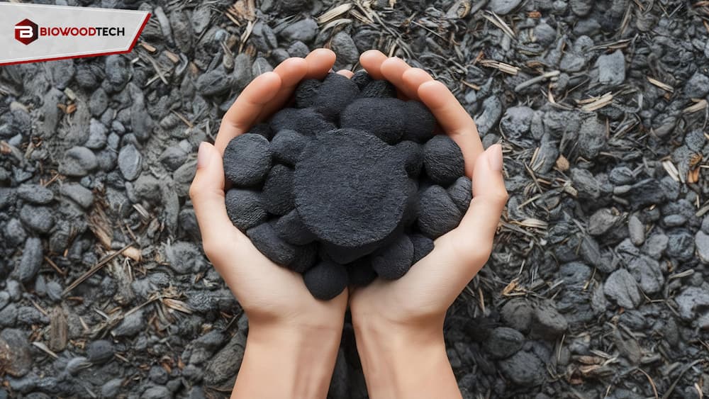 A close-up view of a person holding a pile of uniform black charcoal pellets over a background of raw charcoal material, featuring the Biowoodtech logo.