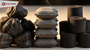 Close-up of various types of barbeque charcoal—lump charcoal, standard briquettes, and coconut briquettes—arranged on a grill grate for comparison.