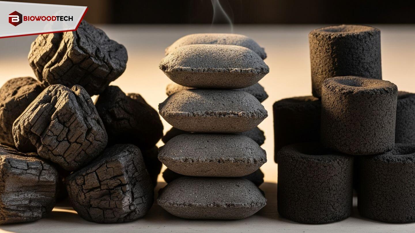 Close-up of various types of barbeque charcoal—lump charcoal, standard briquettes, and coconut briquettes—arranged on a grill grate for comparison.