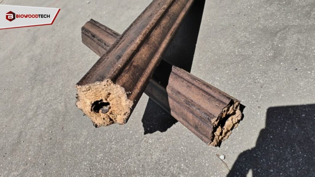 Two Biowoodtech biomass fuel briquettes on concrete, showing the internal compressed wood fiber texture.