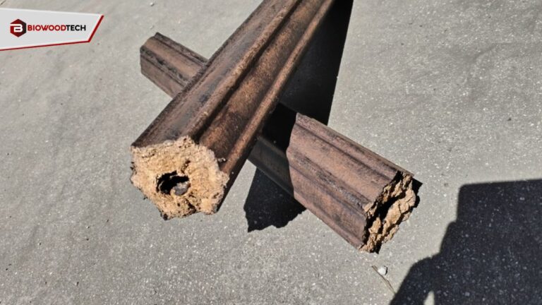 Two Biowoodtech biomass fuel briquettes on concrete, showing the internal compressed wood fiber texture.