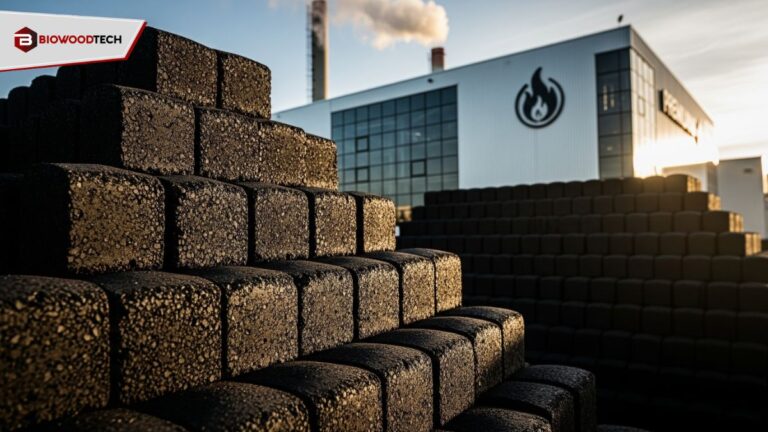 Biowoodtech charcoal briquettes stacked in front of a modern biomass energy plant at sunset.