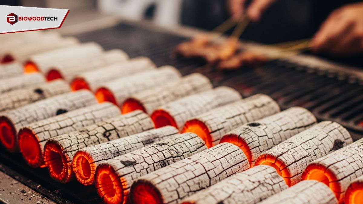 Glowing cylindrical charcoal briquettes on a grill with skewers cooking, featuring Biowoodtech logo.