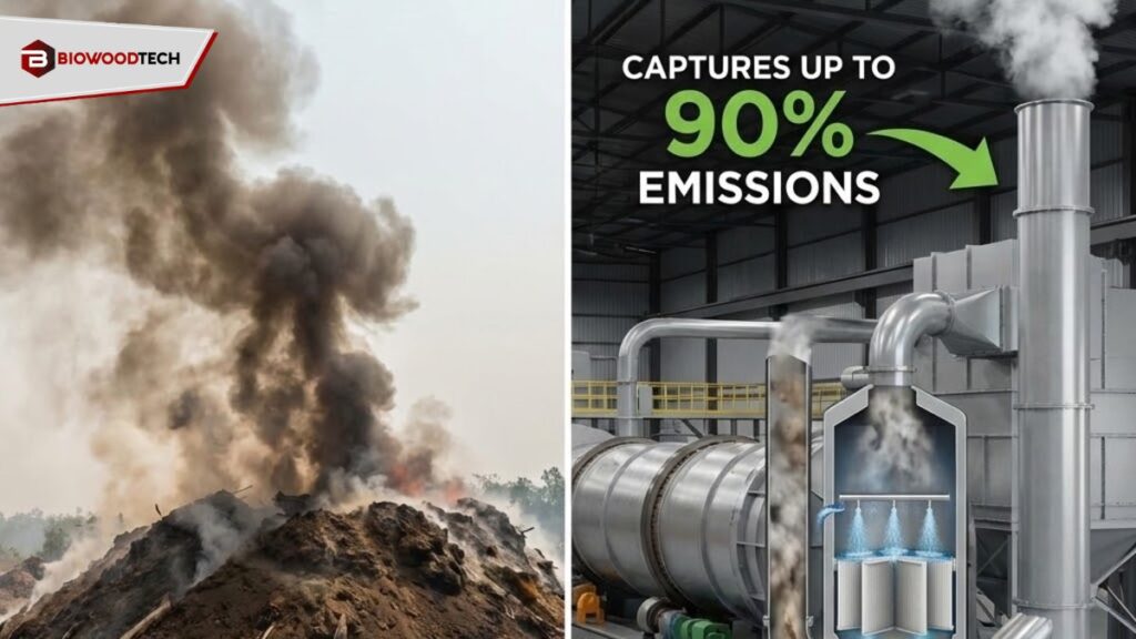 Comparison of open biomass burning and Biowoodtech's industrial emission capture system showing 90% pollution reduction.