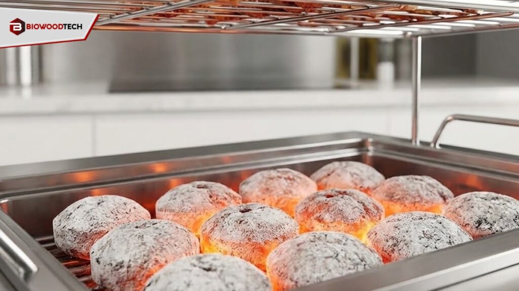 Glowing charcoal briquettes covered in white ash in a stainless steel tray