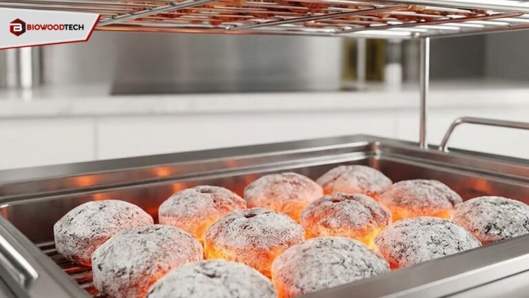 Glowing charcoal briquettes covered in white ash in a stainless steel tray