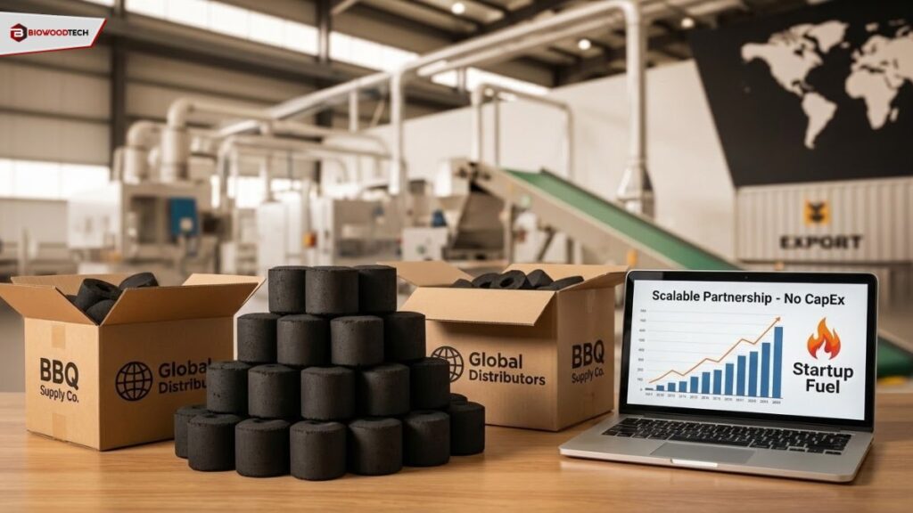 Charcoal briquettes and shipping boxes in a factory setting with a laptop displaying a business growth chart.