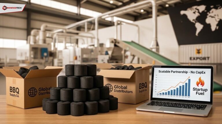 Charcoal briquettes and shipping boxes in a factory setting with a laptop displaying a business growth chart.