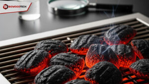 Close-up, high-contrast image of burning, uniform charcoal briquettes on a grill, with a subtle overlay of scientific data visualization (like a graph or beaker) to represent busting myths with lab data.