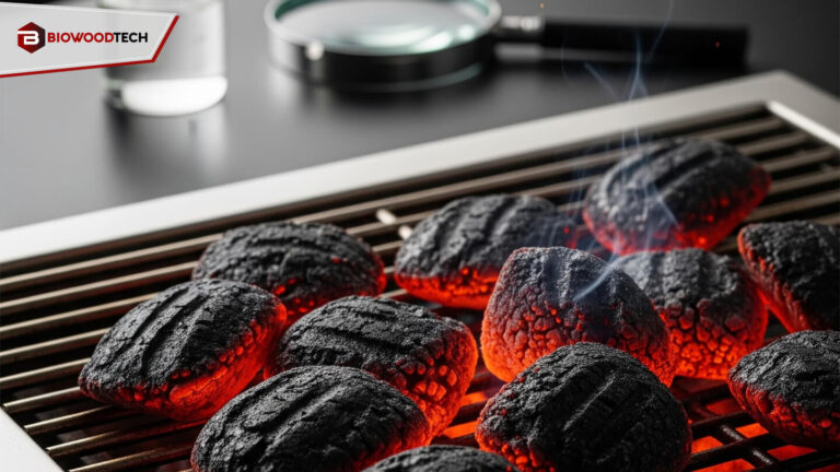 Close-up, high-contrast image of burning, uniform charcoal briquettes on a grill, with a subtle overlay of scientific data visualization (like a graph or beaker) to represent busting myths with lab data.
