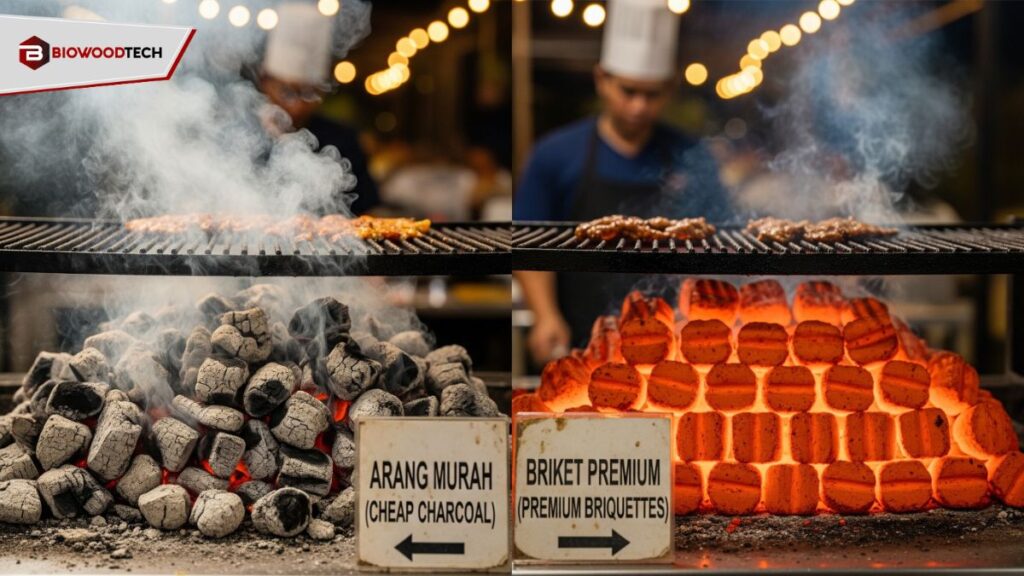 Comparison of smoky cheap charcoal versus glowing premium briquettes for cleaner and more efficient grilling.