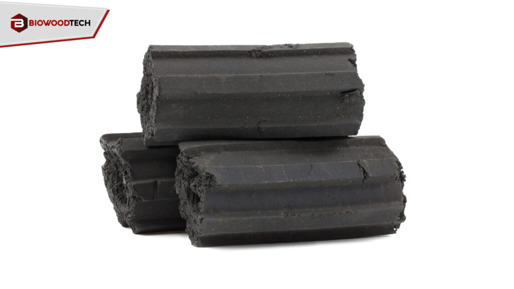 Close-up of glowing hexagonal sawdust charcoal briquettes stacked for high-heat, consistent grilling on a professional BBQ. The image highlights the clean, smokeless burn of the eco-friendly fuel.