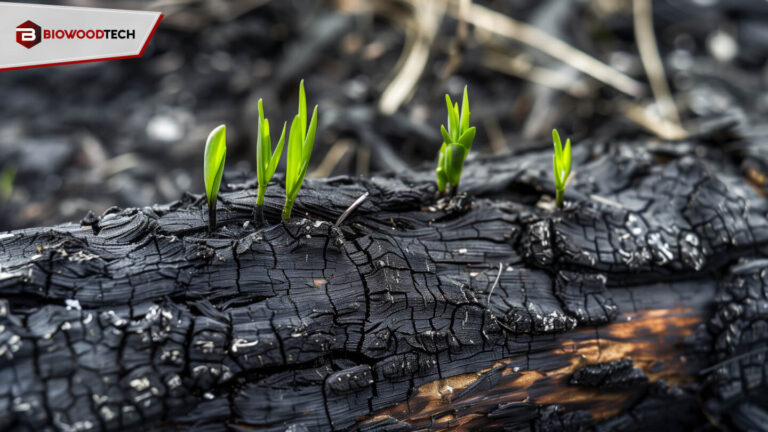 Close-up of porous, black biochar (agricultural charcoal) mixed into reddish-brown soil, illustrating its use as a permanent soil conditioner to neutralize acidity, improve water retention, and anchor nutrients for sustainable farming in tropical regions.