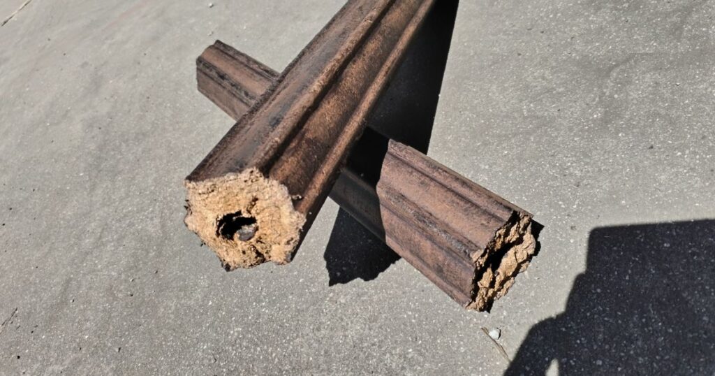 Two compressed biomass fire logs on a concrete surface, featuring a unique fluted design and center hole.