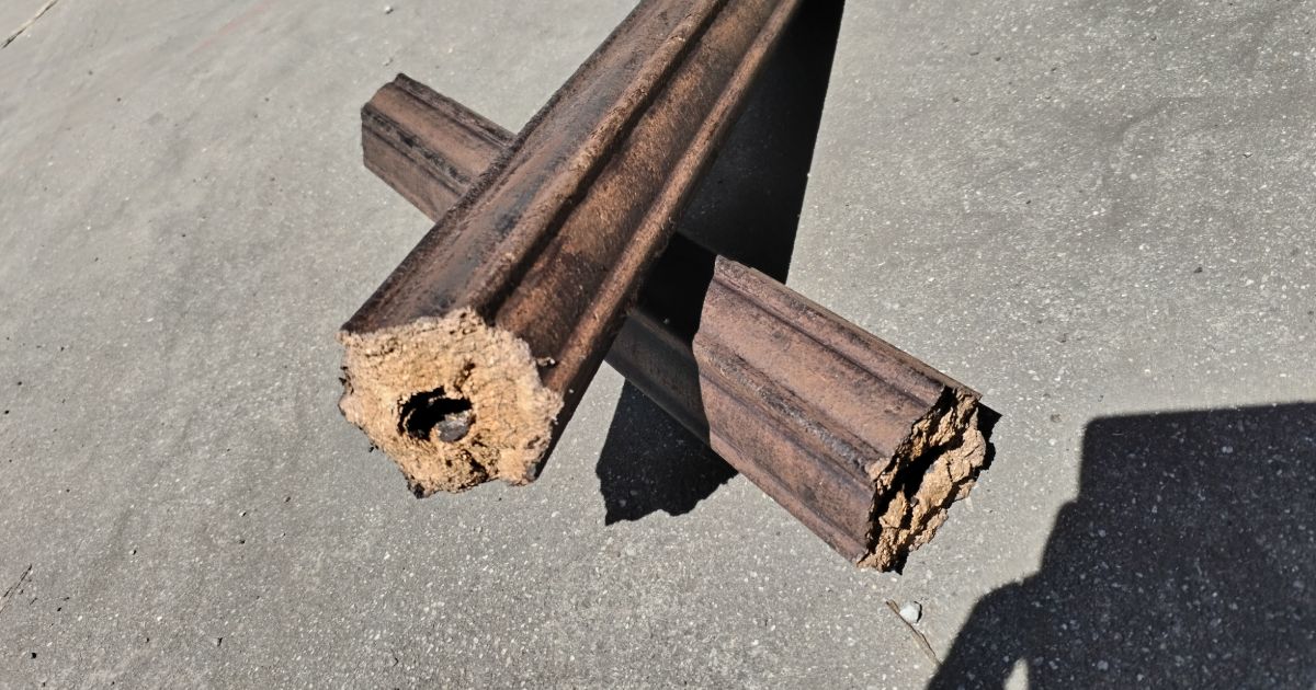 Two compressed biomass fire logs on a concrete surface, featuring a unique fluted design and center hole.