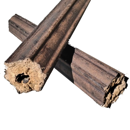 Two compressed biomass fire logs on a concrete surface, featuring a unique fluted design and center hole-Transparence bg