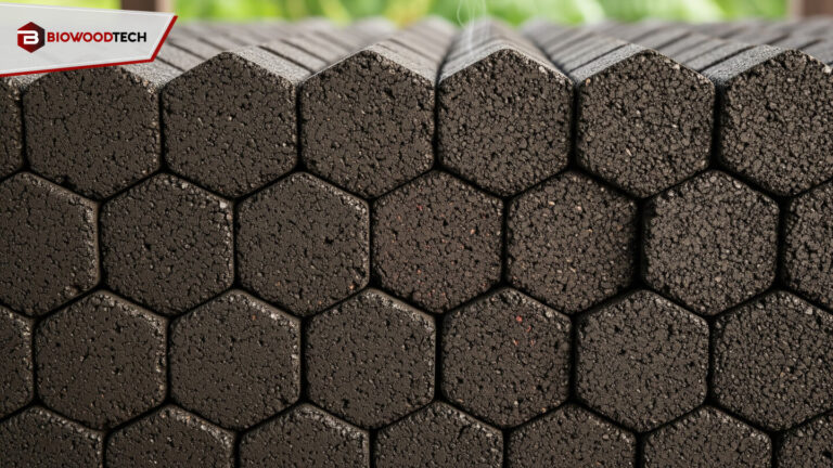 Stack of hexagonal sawdust charcoal briquettes, the most eco-friendly option in Malaysia, highlighting their long burn time and use of recycled wood waste.