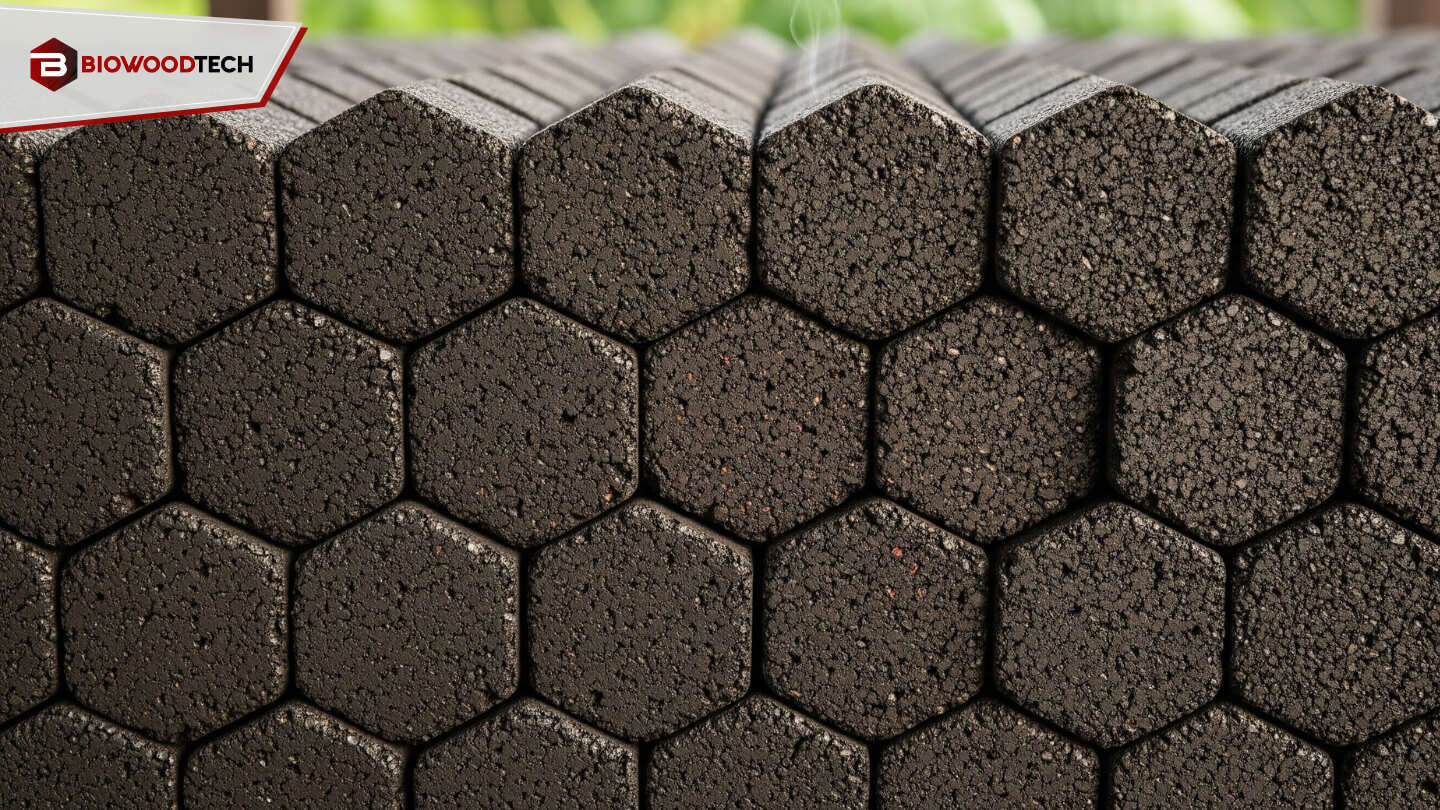 Stack of hexagonal sawdust charcoal briquettes, the most eco-friendly option in Malaysia, highlighting their long burn time and use of recycled wood waste.