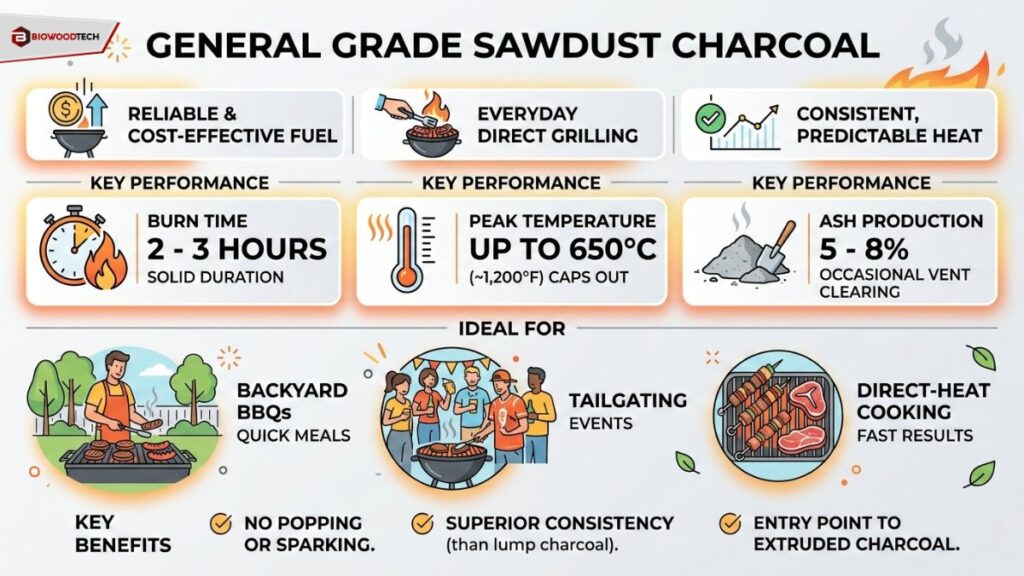 General Grade Sawdust Charcoal infographic by Biowoodtech highlighting 2-3 hour burn time and 650°C peak temperature.