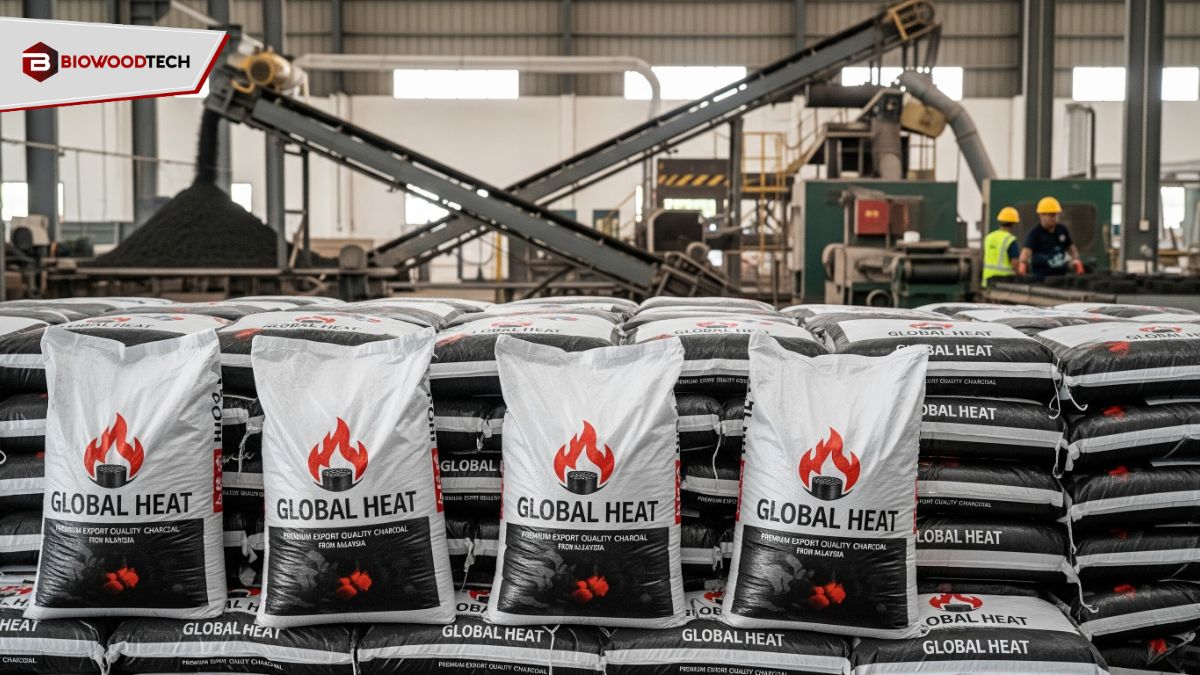 Stacks of Global Heat premium charcoal bags in a Biowoodtech production facility with workers and machinery.