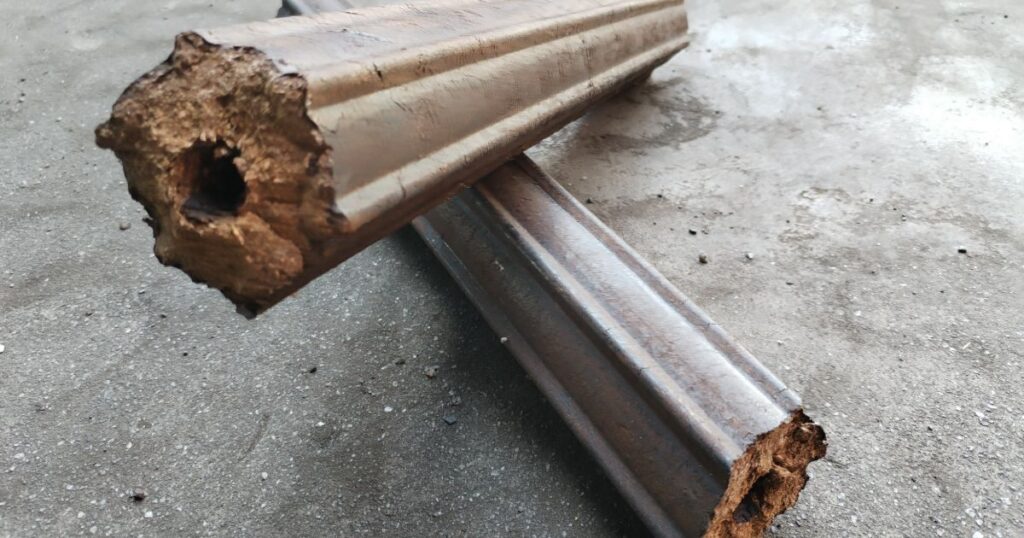 Two compressed wood briquettes with central holes lying on a concrete surface.