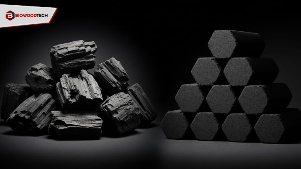 Natural wood lump charcoal next to a stack of uniform hexagonal charcoal briquettes against a black background.