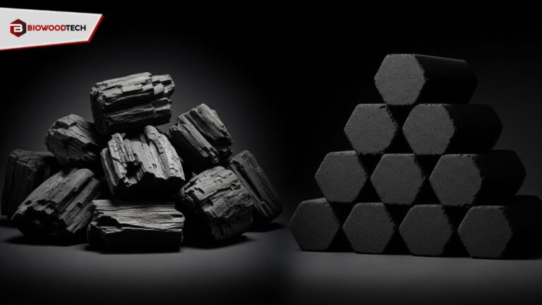 Natural wood lump charcoal next to a stack of uniform hexagonal charcoal briquettes against a black background.