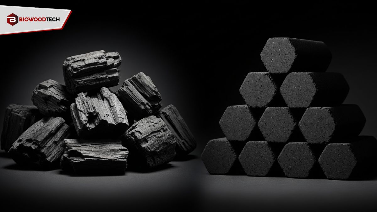 Natural wood lump charcoal next to a stack of uniform hexagonal charcoal briquettes against a black background.