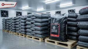 Stacked bags of Biowoodtech premium charcoal on wooden pallets in a warehouse.