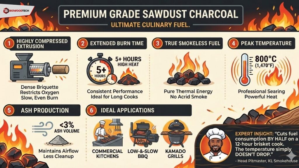 Infographic of premium sawdust charcoal benefits: 5+ hour burn time, 800°C peak heat, smokeless, and low ash production.