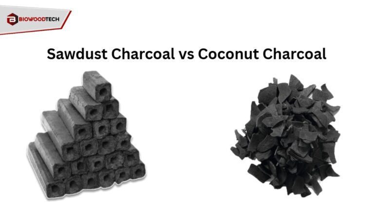 Comparison of stacked sawdust charcoal briquettes and a pile of loose coconut charcoal pieces.