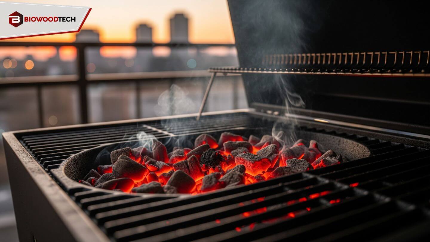 Stack of high-carbon smokeless charcoal briquettes glowing orange in a grill, with minimal visible smoke, to illustrate a cleaner grilling experience in compact spaces.