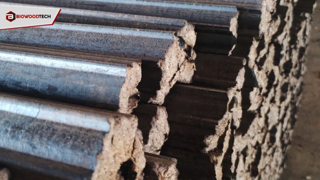 Stacked wood biomass briquettes for fuel, featuring charred dark exteriors and fibrous cores.