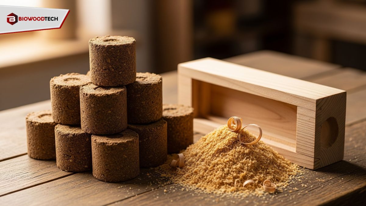 Eco-friendly wood briquettes stacked next to sawdust on a workbench for biomass fuel.